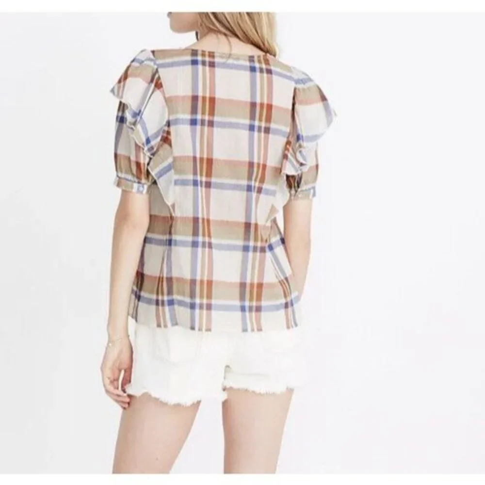 EUC Womens Madewell V‎ Neck Shoulder Ruffle Top In Plaid Short Sleeve Size L